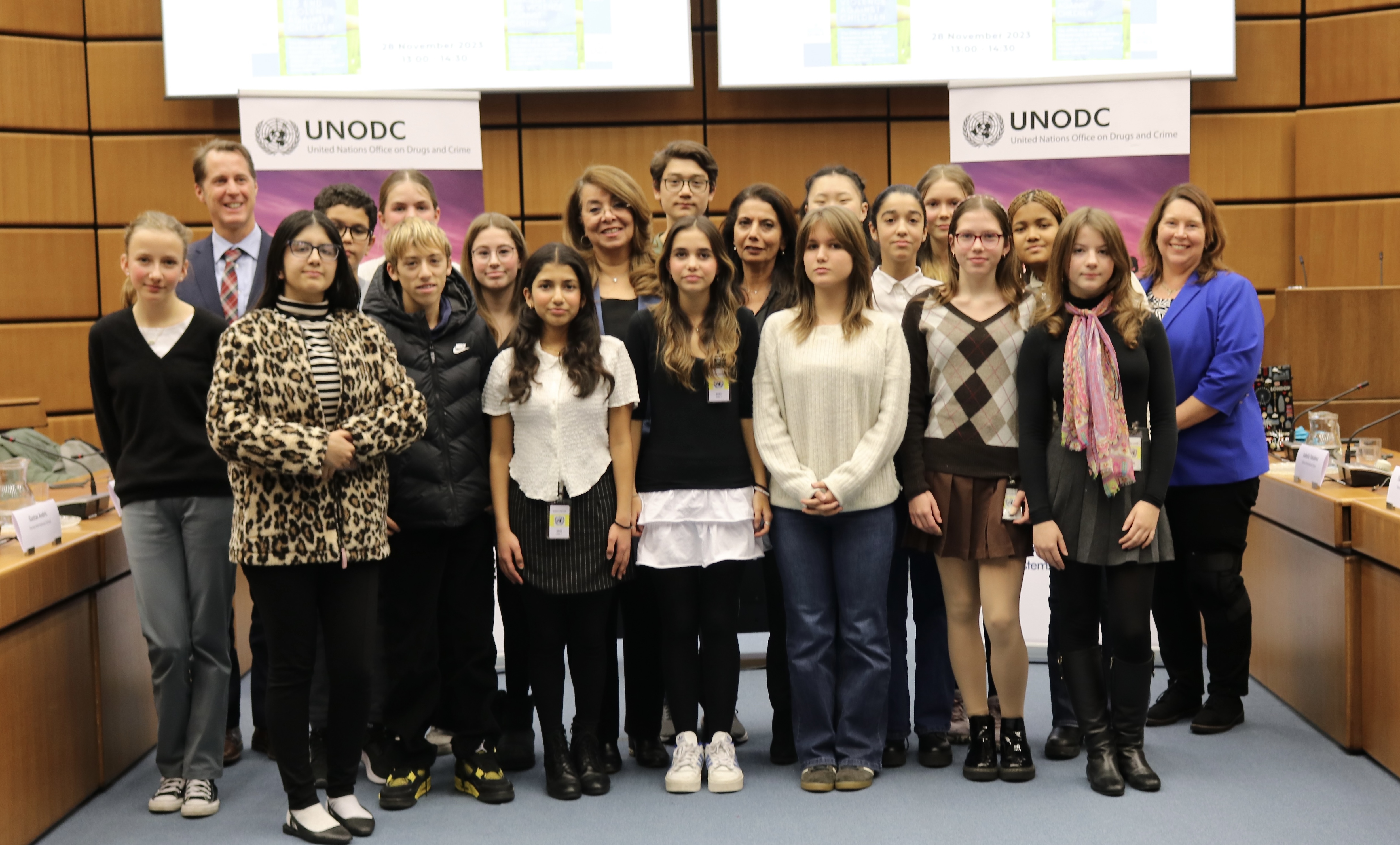 <em>Students of the Vienna International School with UNODC Executive Director Ghada Waly and the Special Representative of the Secretary-General on Violence against Children, Dr. Najat M'jid, at the launch of the Joint Strategy to End Violence against Children, 28 November 2023, Vienna.</em> <em>Students of the Vienna International School with UNODC Executive Director Ghada Waly and the Special Representative of the Secretary-General on Violence against Children, Dr. Najat M'jid, at the launch of the Joint Strategy to End Violence against Children, 28 November 2023, Vienna.</em>