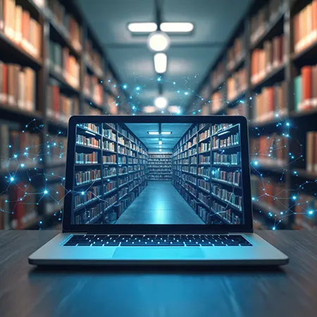 library seen through a laptop screen