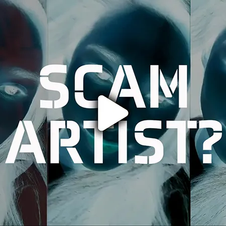 inverted face covered by a play button leading to the scam artist video